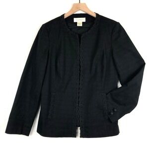 SUSAN BRISTOL Crochet Trim Jacket Blazer Sz‎ 4 Black Stretch Cotton Hook Classic